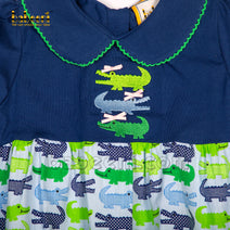 Applique crocodile girl bubble short sleeve navy and print - DR 3120