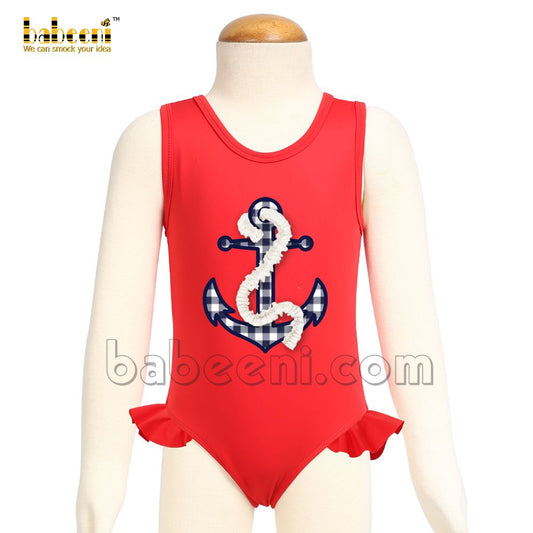 Red anchor applique rash guard swimwear for little girls -SW 531