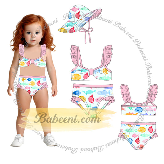 2-pieces Curtain string swimsuit For Girl with a lot of Fishs Spring-Summer pattern with curtain on the hip - DR4216