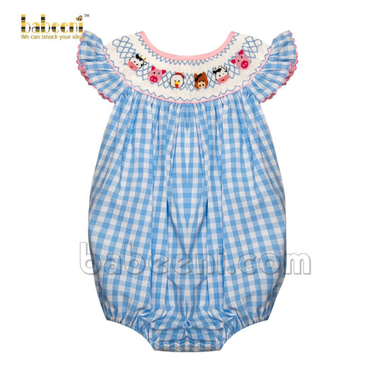 Smocked farm animals blue check girl bubble - DR 3043