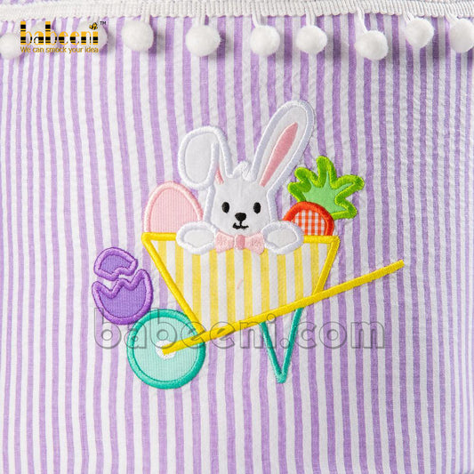 Violet medium stripe seersucker bag with appliqued rabbits - KB 38