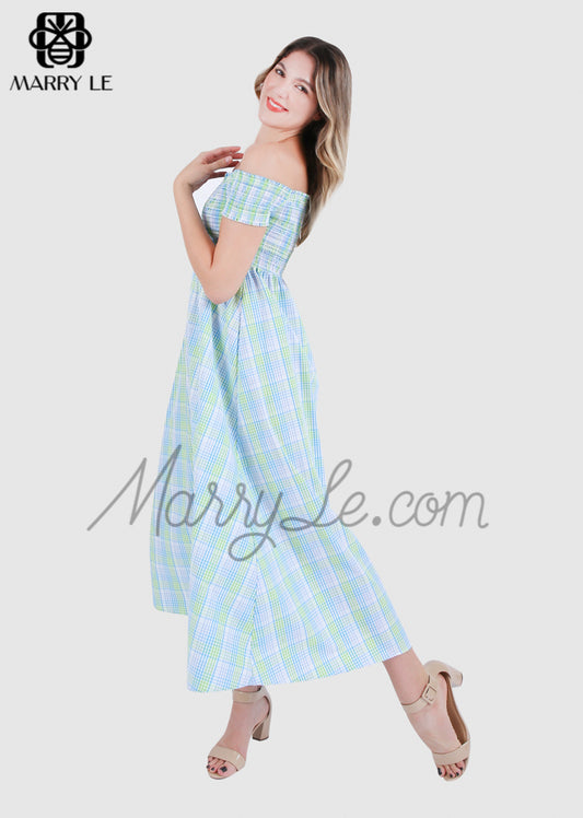 OFF SHOULDER LIME GREEN AND AQUA SMOCKED DRESS FOR WOMEN - MD15