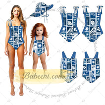 1-pieces Swimwear For lady Spring-Summer with blue tropical leaf and flower pattern - DR4197