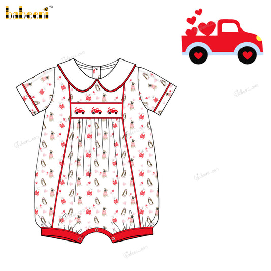 Boy Hand Smocked Truck Heart Bubble In White - BC1202