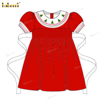 Honeycomb Smocked In Green Velvet and Red For Girl - DR3731