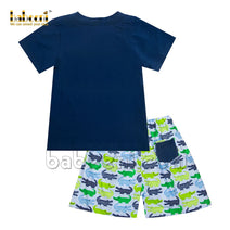 Lovely smocked crocodile boy set navy top printed shorts - BC 921