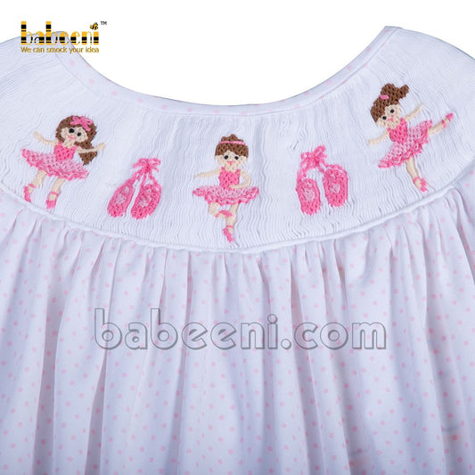 Embroidery ballerinas white with tiny pink dot girl bubble - DR 3105