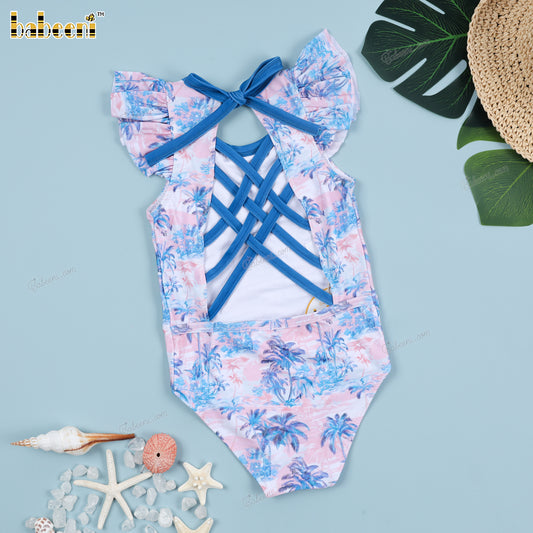 1-pieces Puff sleeve swimsuit For Girl tropical tree Spring-Summer pattern - DR4203