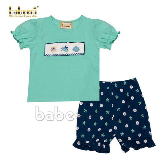 Summer girl set mint navy smocked stafish - DR 3034