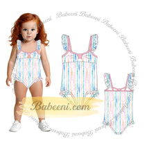 1-pieces Curtain string swimsuit For Girl colorful lines Spring-Summer pattern and curtain on the hip - DR4217