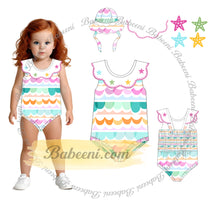 1-pieces swimsuit For girl with many colorful waves Spring-Summer pattern and scalope + stars hand embroidery - DR4218