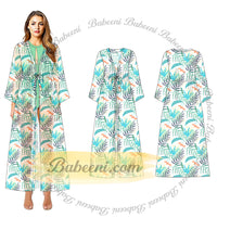 Overcoat Lady Spring-Summer with light green tropical leaf pattern and a belt ribbon on the waist - DR4220