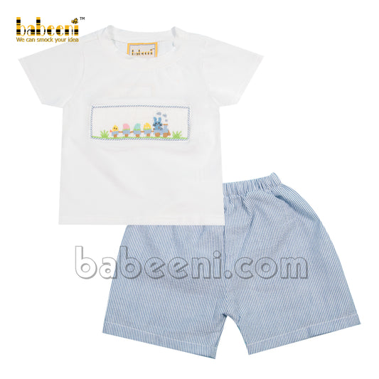 Smocked Easter train boy set dark blue stripe seersucker - BC 933