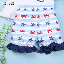 Smock crab and starfish girl short set white and navy - DR 3360