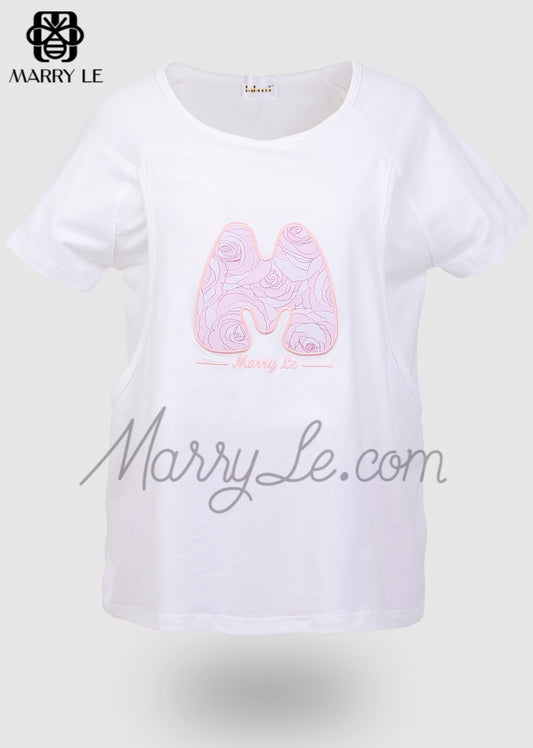 LETTER GRAPHIC ROSES PRINT APPLIQUE NURSING TSHIRT - MD523