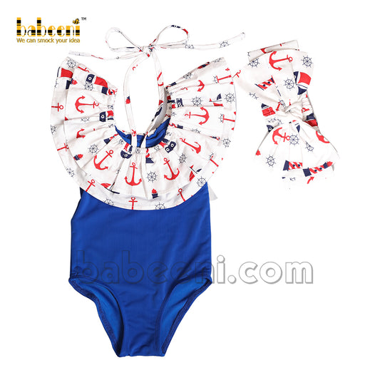 Lovely anchor plain blue swimwear for little girls -SW 526