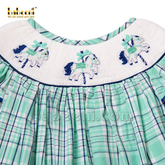 Cute smocked merry-go-round mint navy plaid baby dress - DR 3127