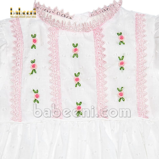 Mystery Embroidery flower pink lace white swiss dot dress - DR 3015