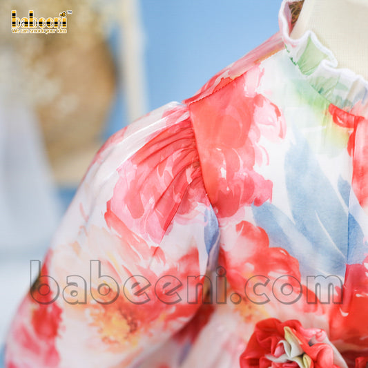 Fancy peony floral printing chiffon girl dress - DR 3250