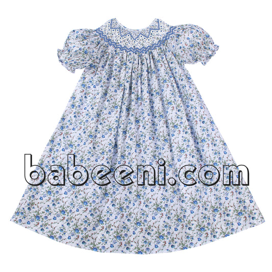 Pretty blue geometric smocked floral dress - DR 2527