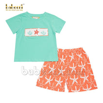 Playful little boy smocked corals and starfish set- BC 864