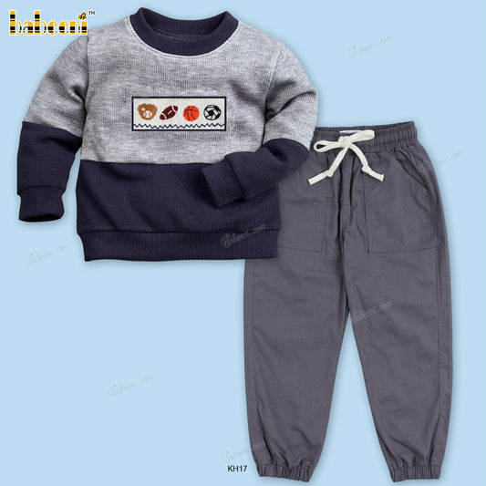 Outfit In Grey Balls Smocked And Khaki Jogger For Boy - BC1138