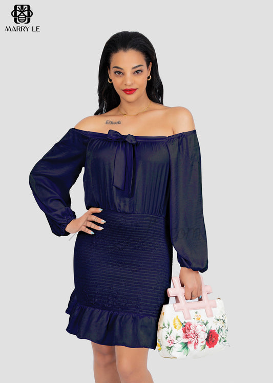 OFF-SHOULDER BUSINESS CHARISMA NAVY SATIN DRESS - MD329