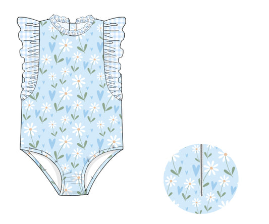 S109- white daisy in blue rash guard printing 4.0