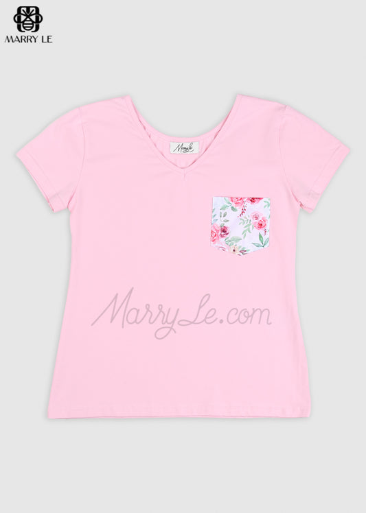 V-NECK T-SHIRT WITH FLORAL POCKET - MD114