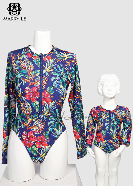 MOTHER AND DAUGHTER MATCHING LONG SLEEVE SWIMWEAR WITH ZIPPER - MD488