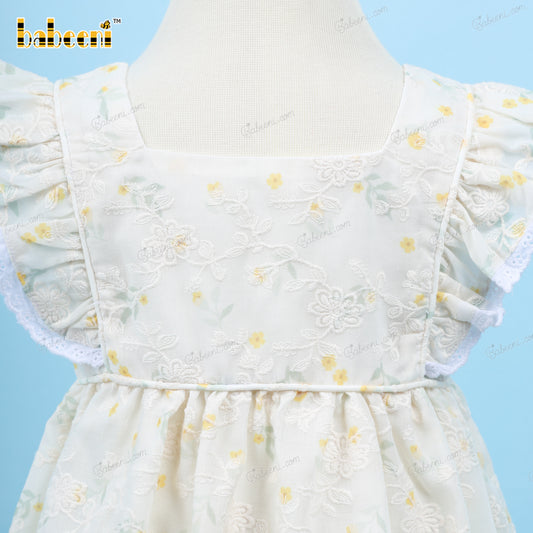 Plain Dress In White With Little Yellow Floral For Girl - DR3556