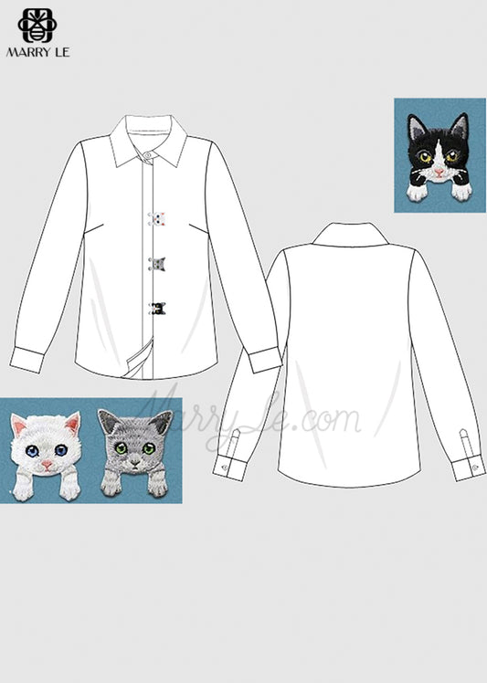 BASIC WHITE WOMEN SHIRT CUTE CAT HAND EMBROIDERY - MD232