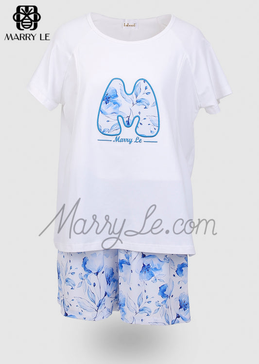 2 PIECES NURSING OUTFIT SUMMER SHORT SET - BLUE FLORAL PRINT - MD518