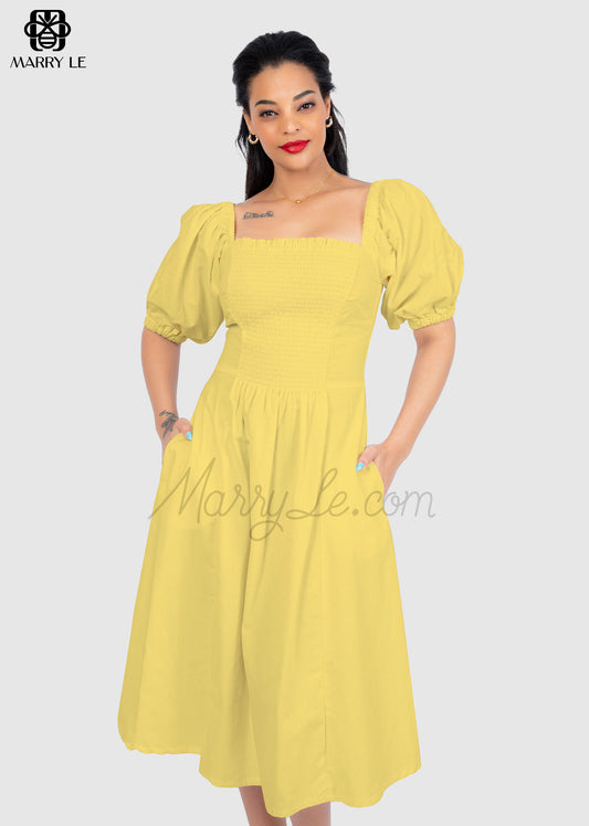 DAFFODIL TRAPEZOID COLLAR SHIRRING DRESS - MD342