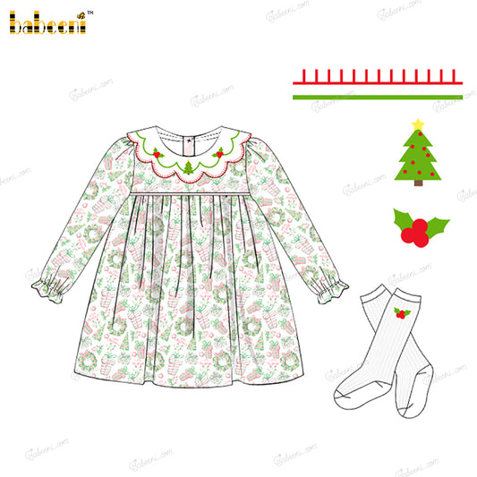 Girl Dress White Green WIth Christmas Theme Embroidered - DR4048