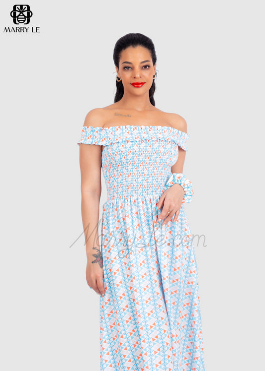 OFF SHOULDER SHIRRING FLARE DRESS - MD13