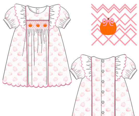 Girl Dress Geometric Smocked With Pumpkin Embroidered - DR4004