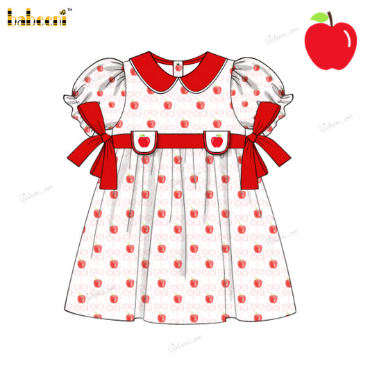 Girl Dress In Pink With Bows Apple Embroidered - DR3956