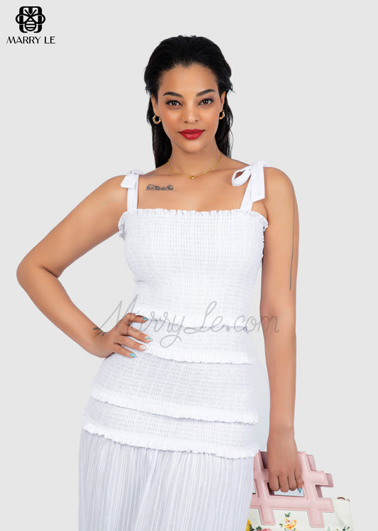 PURE WHITE LINEN SLIT DRESS SELF TIE FLAT STRAP - MD244