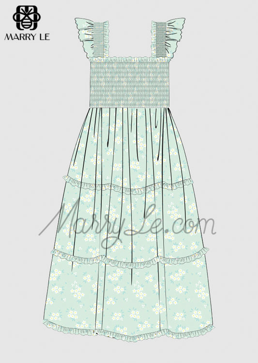 MINT FLORAL SHIRRED TIERED MIDI DRESS - MD476