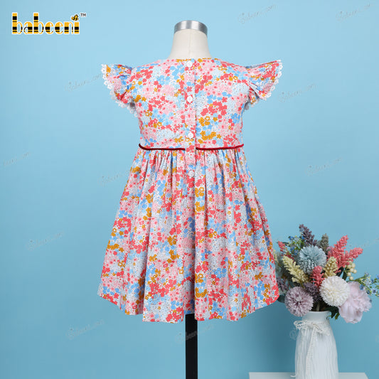 Plain Dress In Floral And Red Line For Girl - DR3618