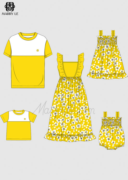 FAMILY MATCHING SUMMER RUFFLE DRESS AND COLORBLOCK TSHIRTS SET - MD464