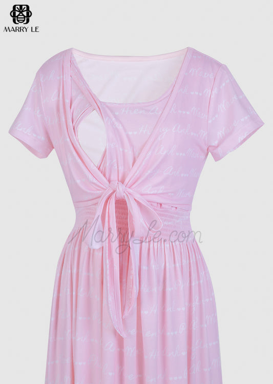 PINK SHIRRED NURSING DRESS - LETTER PRINT - MD444