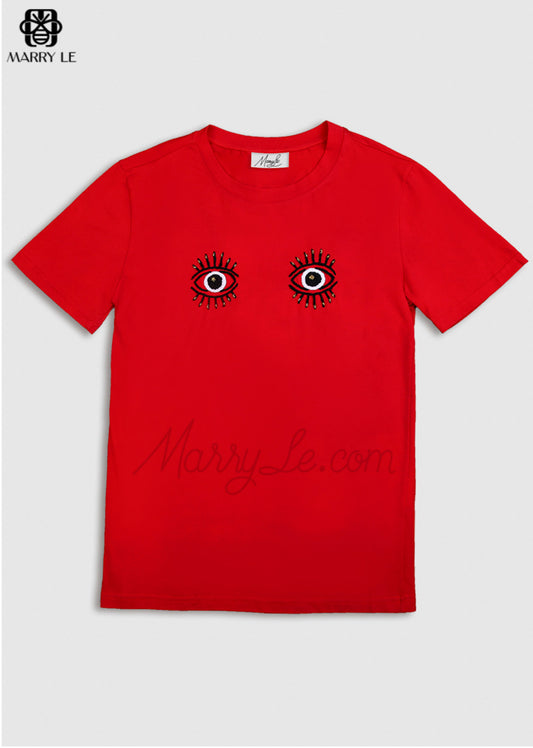 Big eyes hand-embroidered red T-shirt-MD 217