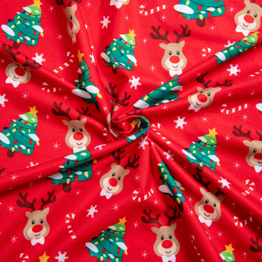 K119- Christmas tree and deer in Red printed 4.0 Knit fabric