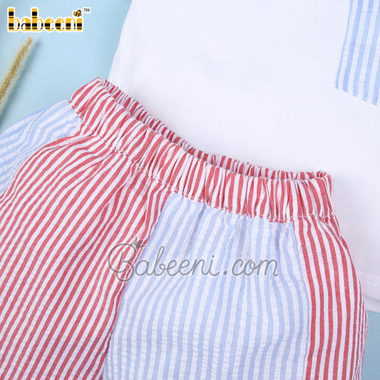 Boy short set pocket white top blue and red stripe shorts - BC 982