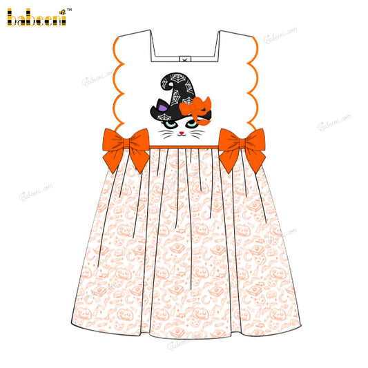 Girl Dress Cat Embroidered Halloween Theme  - DR3994