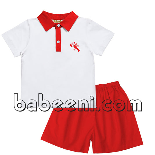 Lobster applique polo short set for little boys - PL 006