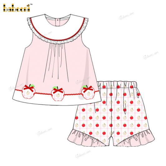 Girl Outfit In Peach Pink With Embroidered Apples - DR3957