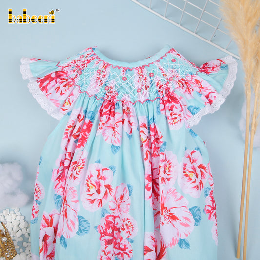 Smocked flowery geometric  pink Peony girl  bubble - DR 3048